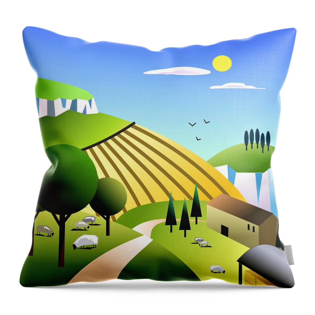 Landscape Throw Pillow featuring the digital art Joe's Farm by Fatline Graphic Art