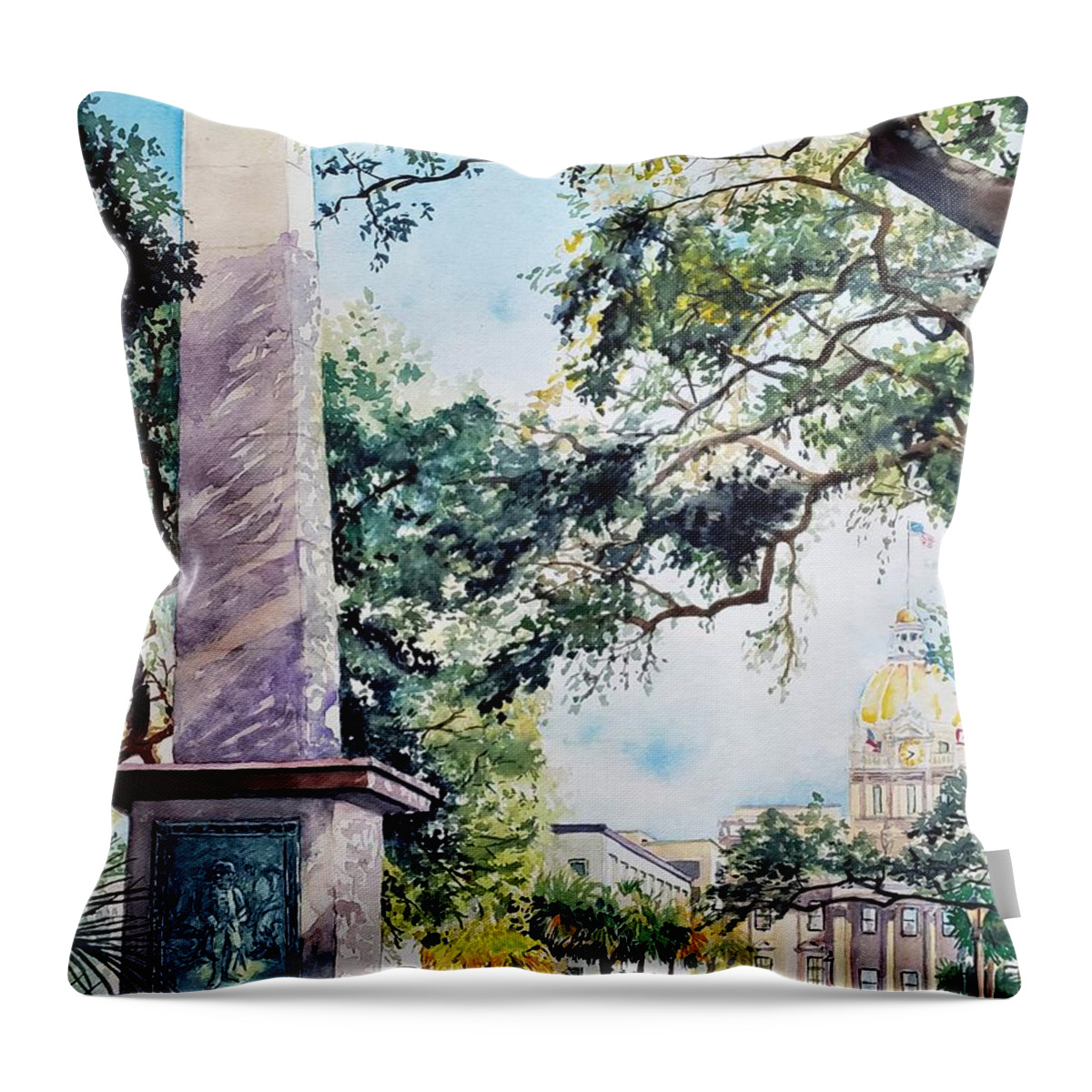 Georgia Throw Pillow featuring the painting Johnson Square, Savannah GA by Merana Cadorette