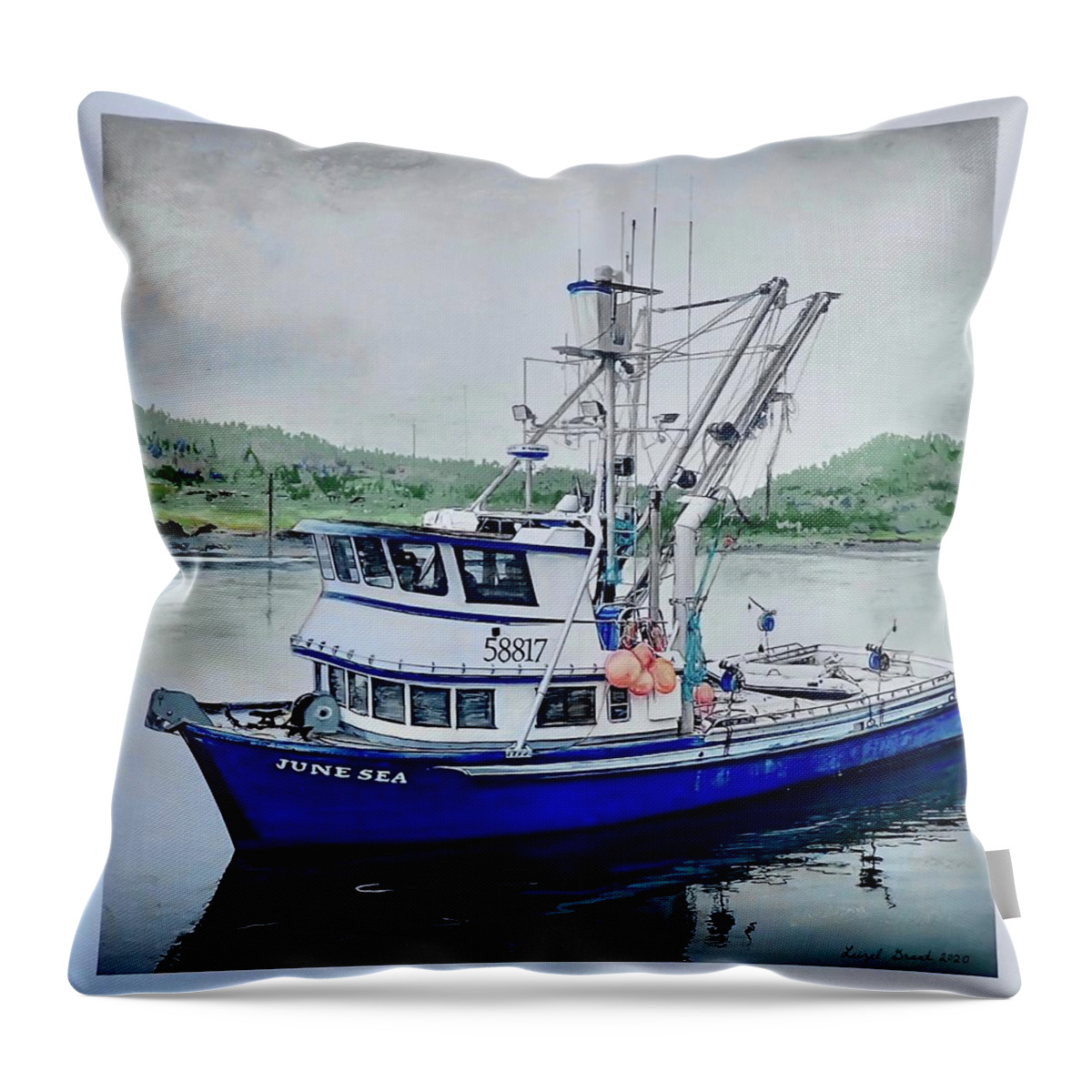 Alaskan Boat Throw Pillow featuring the pastel June Sea by Leizel Grant