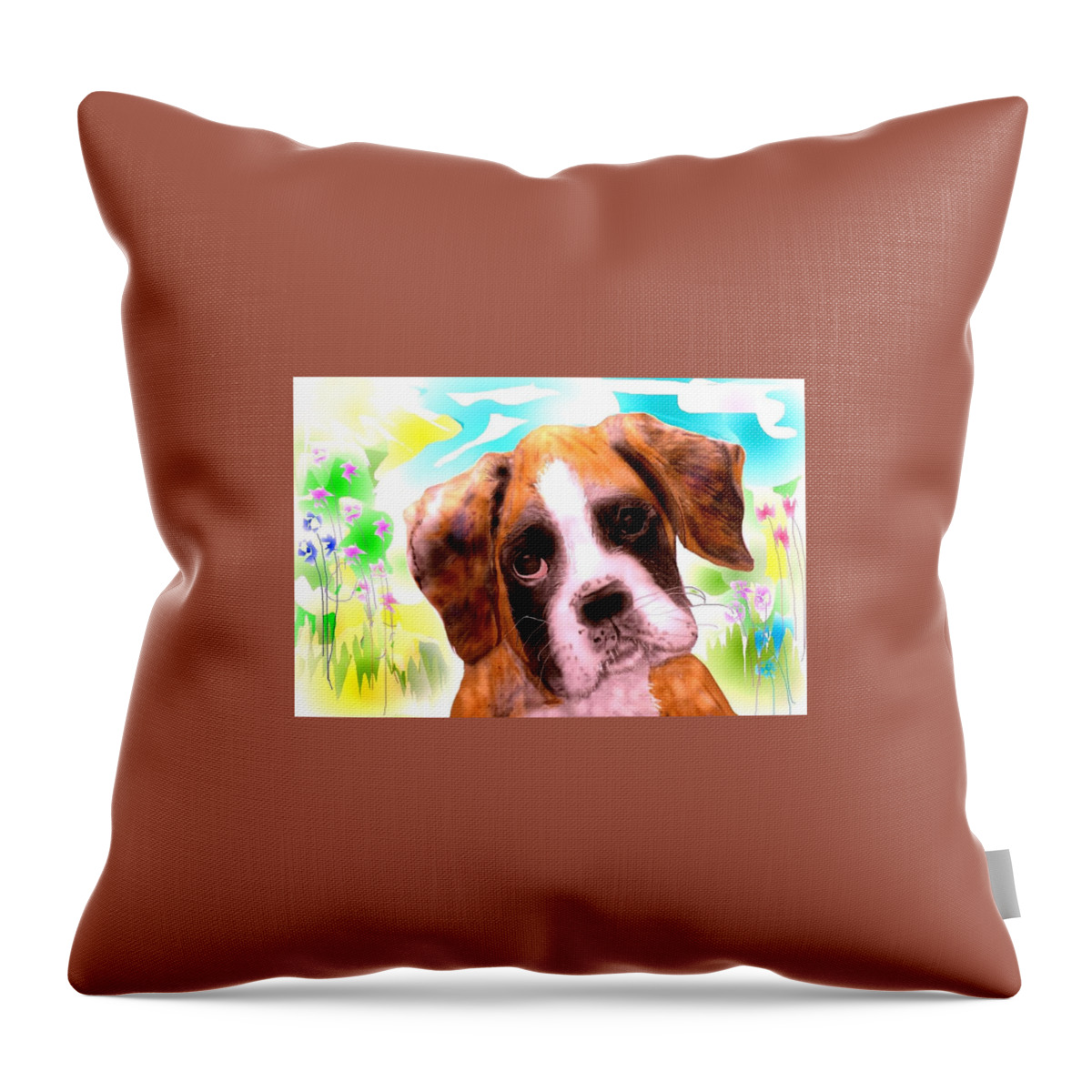 Pencil Sketched Boxer Puppy Resting After A Romp In The Meadow. Throw Pillow featuring the mixed media Just another Blossom. by Pamela Calhoun