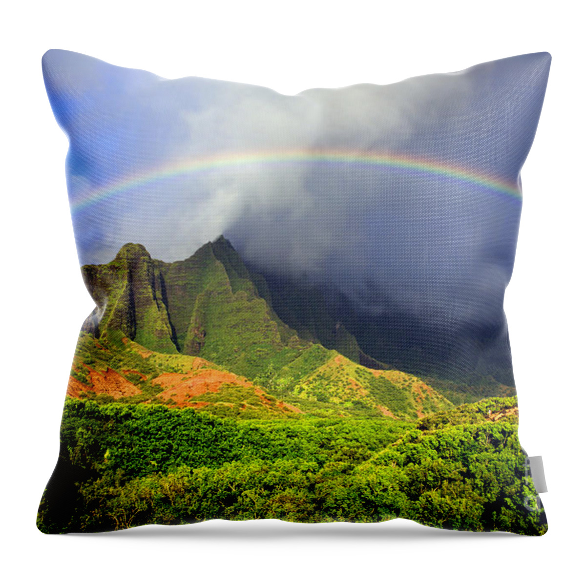 #faatoppicks Throw Pillow featuring the photograph Kalalau Valley Rainbow by Kevin Smith