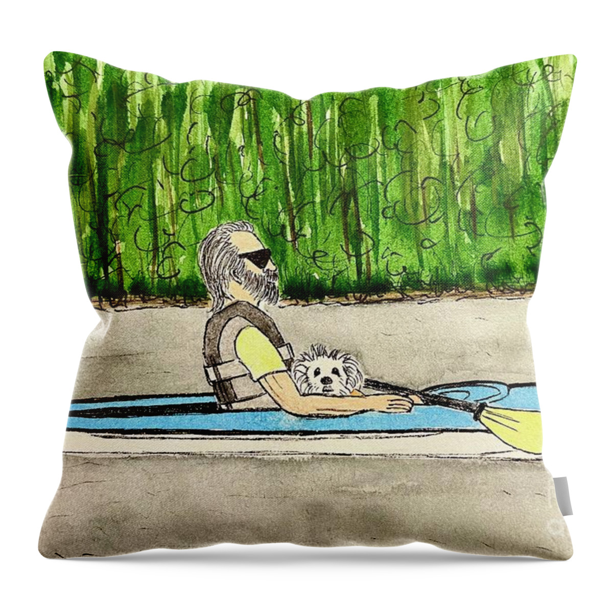 Kayaking Throw Pillow featuring the painting Kayaking with Tootsie by Donna Mibus