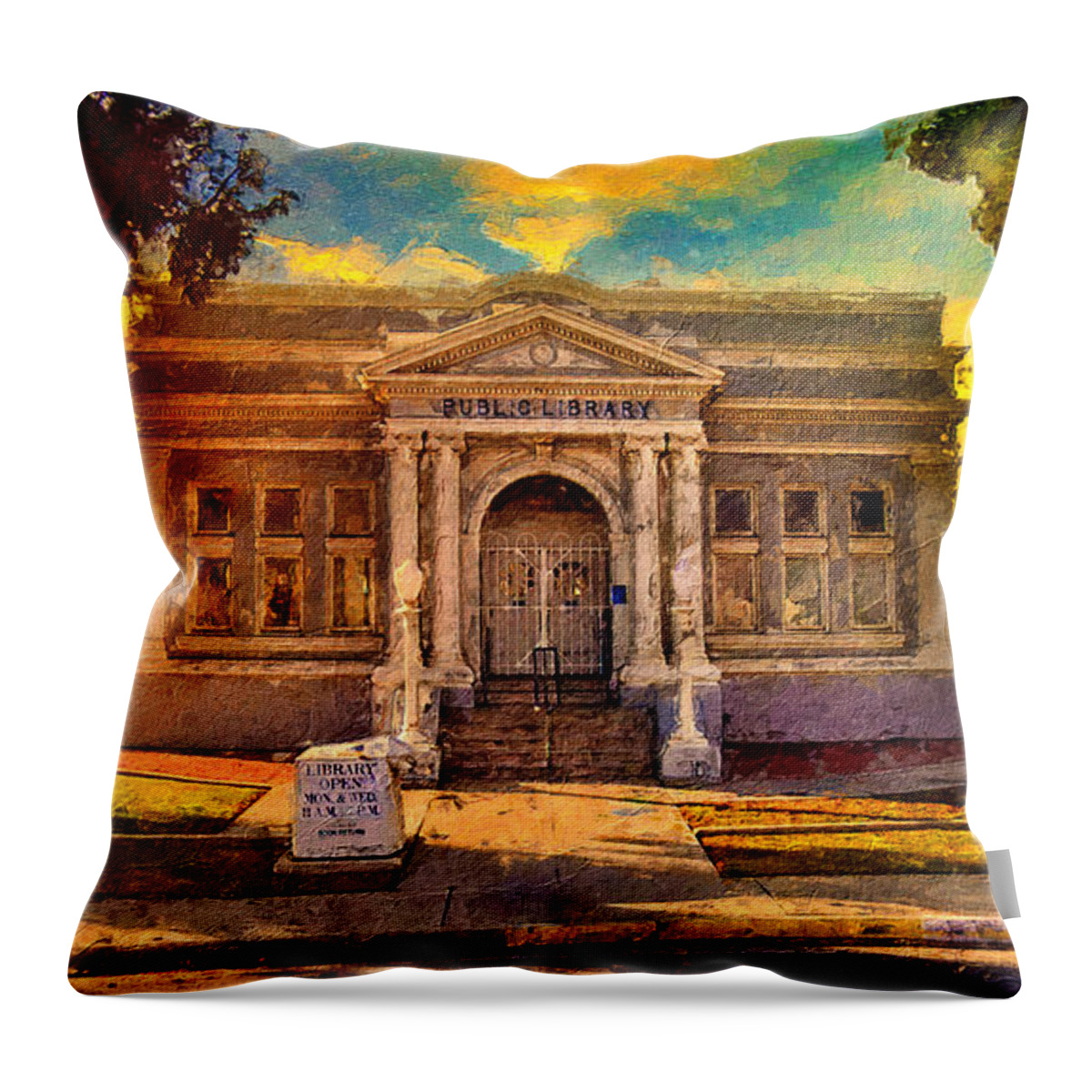 Kern Branch Throw Pillow featuring the digital art Kern Branch, Beale Memorial Library, in Bakersfield, California - digital painting by Nicko Prints