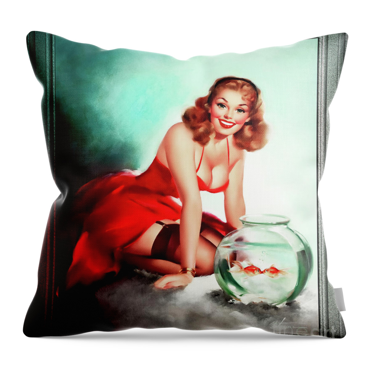 Kissing Fish Throw Pillow featuring the painting Kissing Fish by Edward Runci Vintage Pin-Up Girl Art by Rolando Burbon