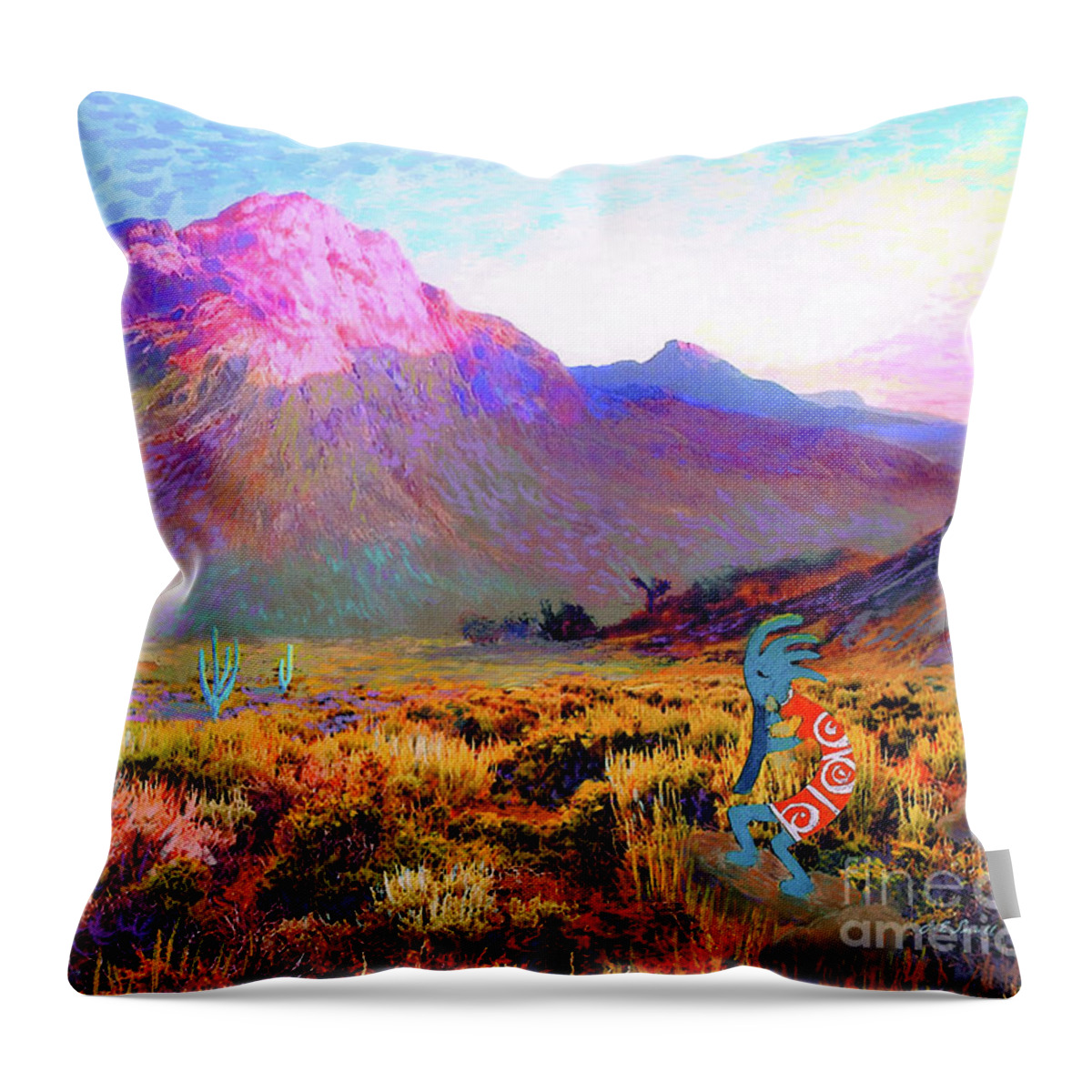 Spiritual Throw Pillow featuring the painting Kokopelli Dawn by Jane Small