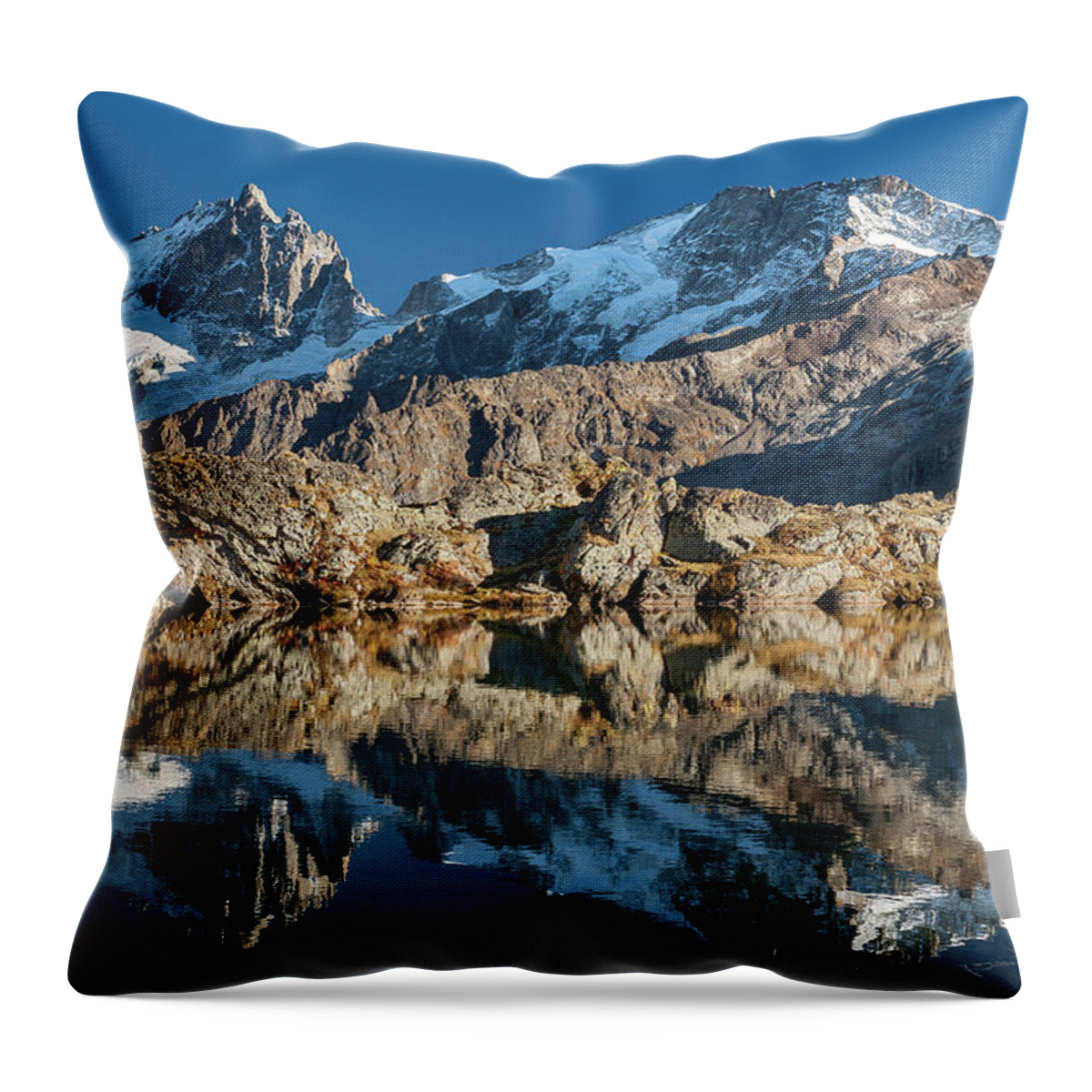 Lake Throw Pillow featuring the photograph La Meije peak mirrored in Lake Lerie by Olivier Parent