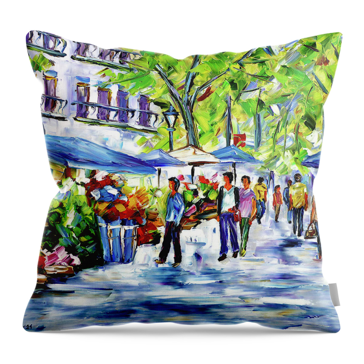 Market Street Throw Pillow featuring the painting La Rambla by Mirek Kuzniar