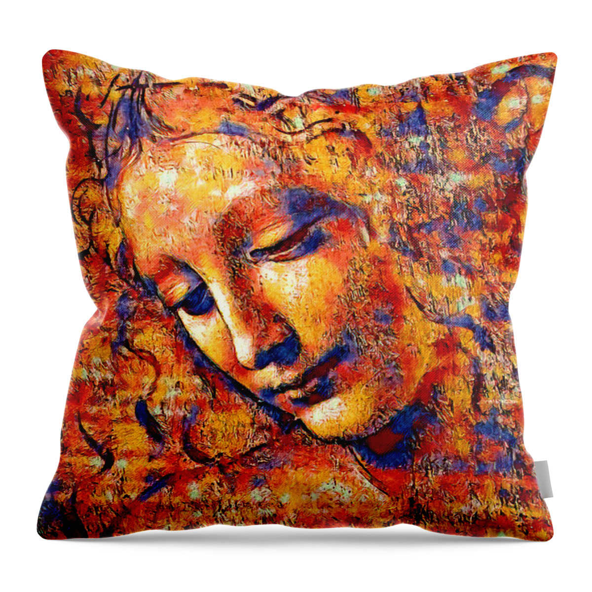 La Scapigliata Throw Pillow featuring the digital art La Scapigliata, 'The Lady with Dishevelled Hair', by Leonardo da Vinci - colorful dark orange by Nicko Prints