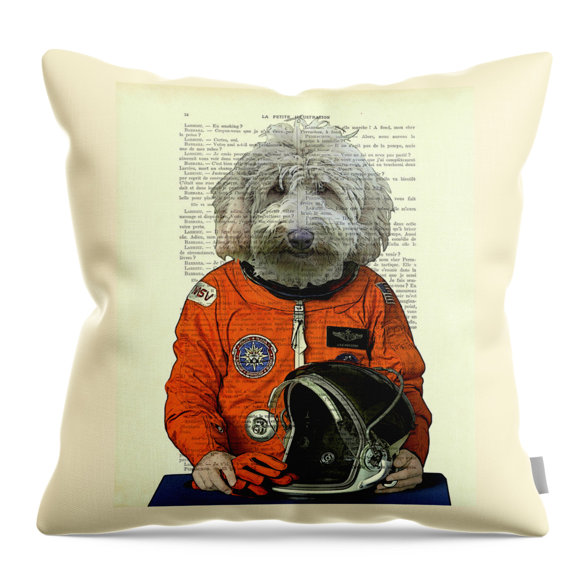 Space Themed Throw Pillow featuring the mixed media Labradoodle astronaut, space animal dictionary art print by Madame Memento