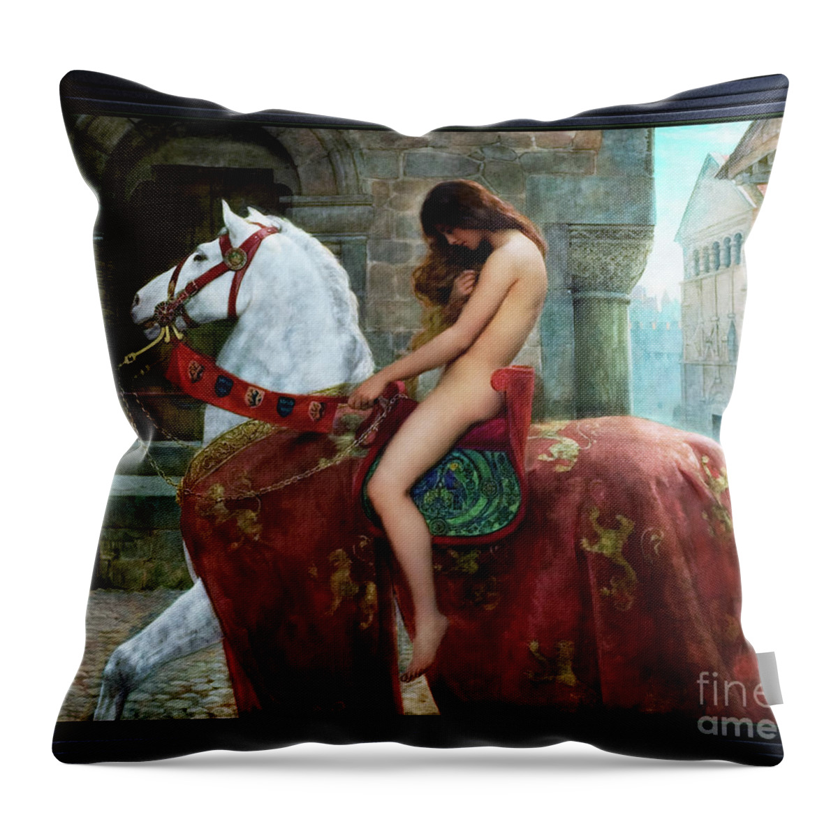 Lady Godiva Throw Pillow featuring the painting Lady Godiva by John Collier Old Masters Reproduction by Rolando Burbon