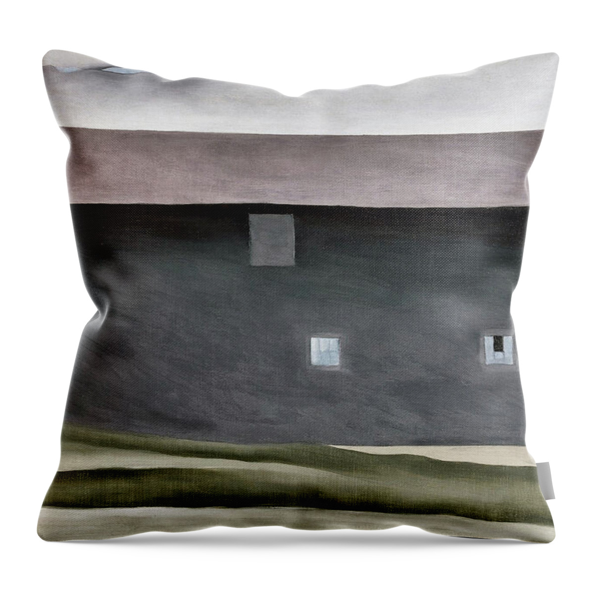 Georgia O'keeffe Throw Pillow featuring the painting Lake George Barns - modernist village view painting by Georgia O'Keeffe