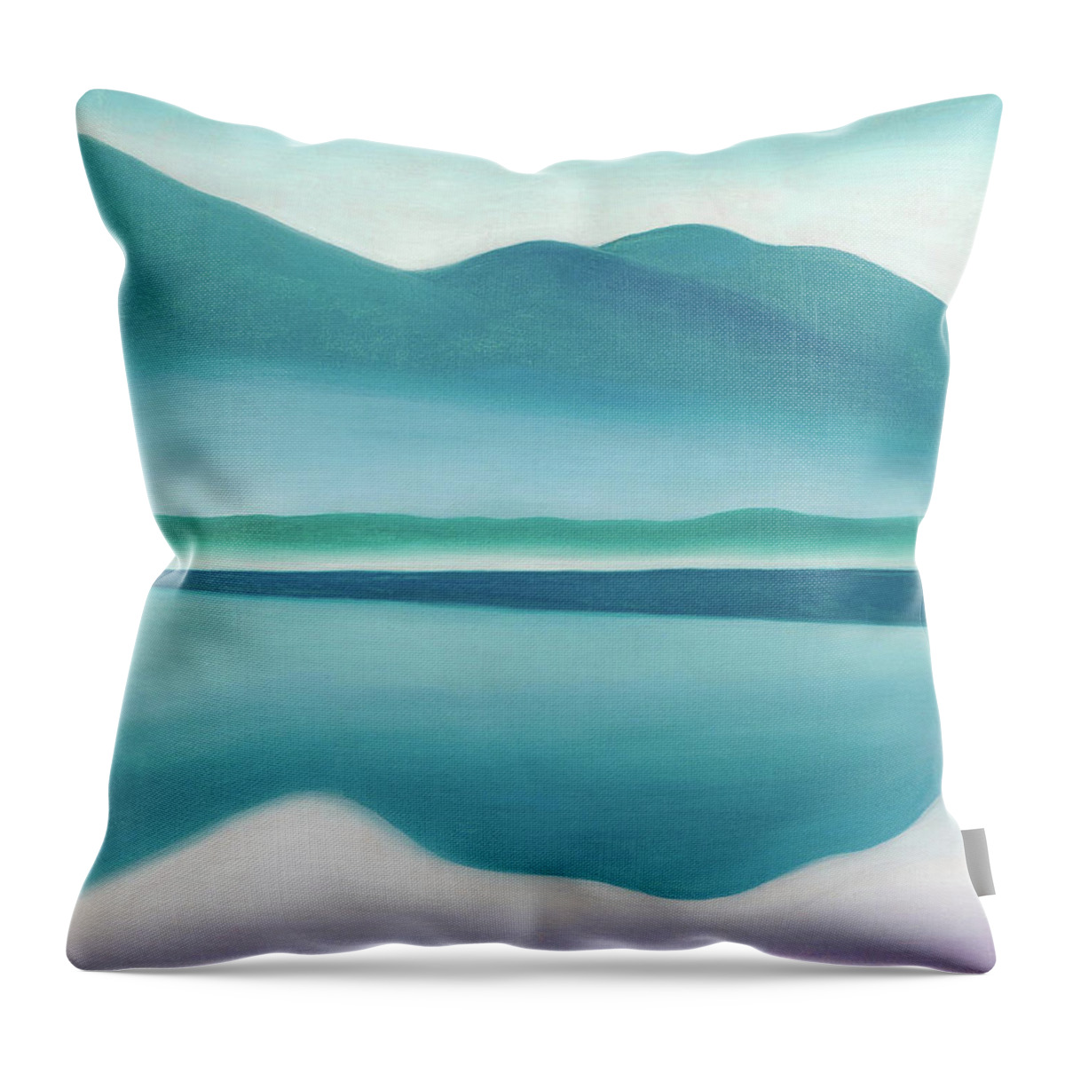 Georgia O'keeffe Throw Pillow featuring the painting Lake George, reflection seascape - modernist landscape painting by Moira Risen