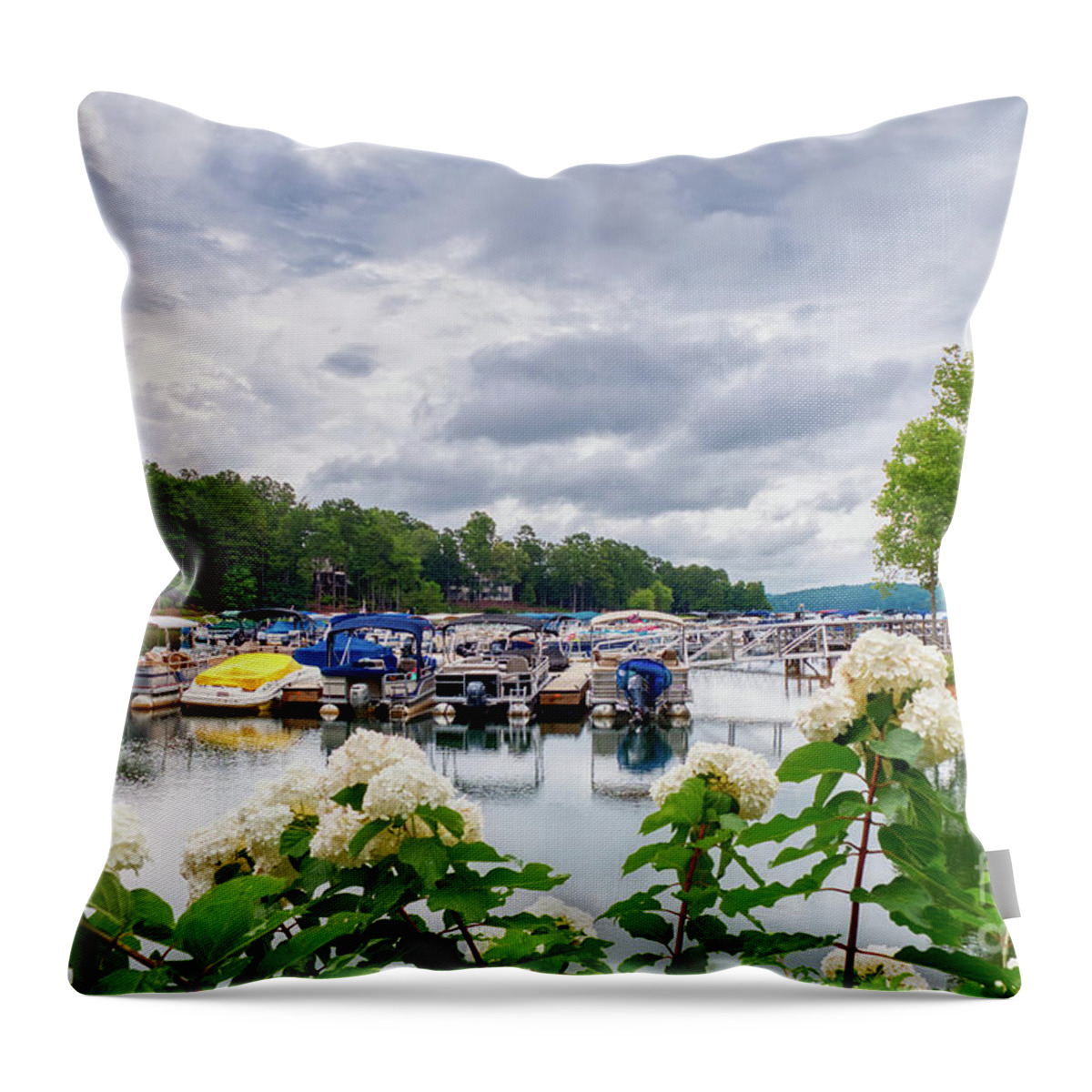 Lake Throw Pillow featuring the photograph Lake Keowee Flowers and Boats by Amy Dundon