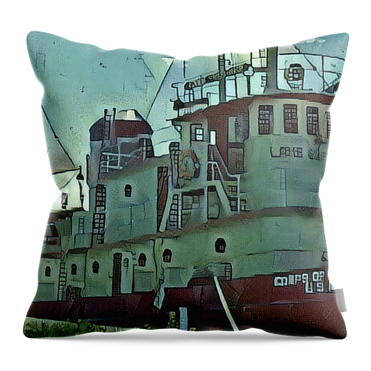 Lake Superior Tug Boat Throw Pillow featuring the digital art Lake Superior Tug Boat CAC day 15 by Cathy Anderson