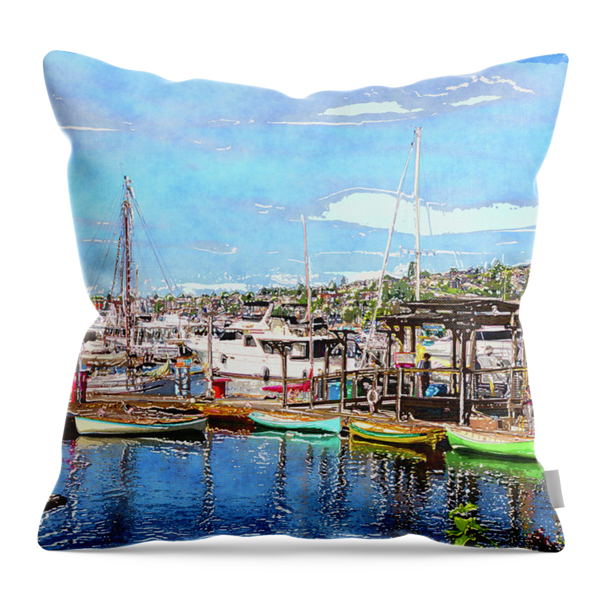 Lake Union Seattle Throw Pillow featuring the digital art Lake Union Marina by SnapHappy Photos