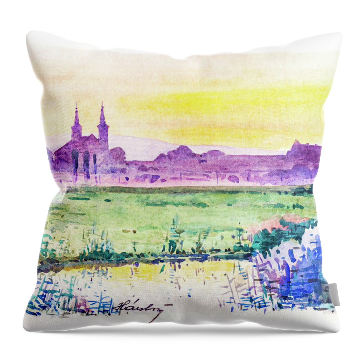 1930s Throw Pillow featuring the painting Landscape with city silhouette at sunset, Dalmatia, 1938 by Viktor Wallon-Hars