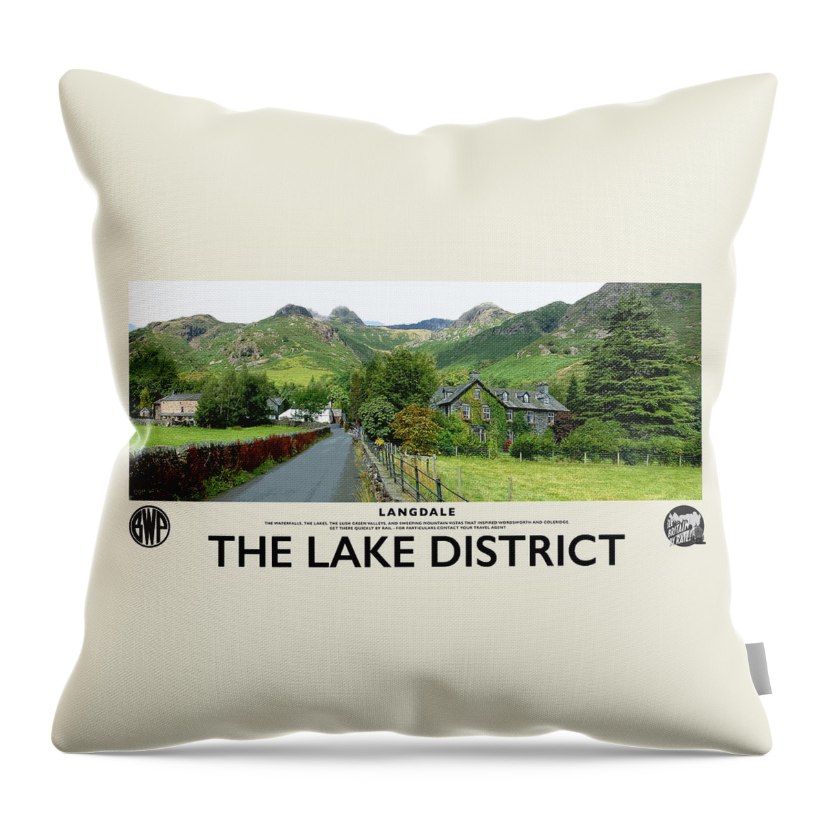 Langdale Throw Pillow featuring the photograph Langdale Lake District Destination Cream Railway Poster by Brian Watt