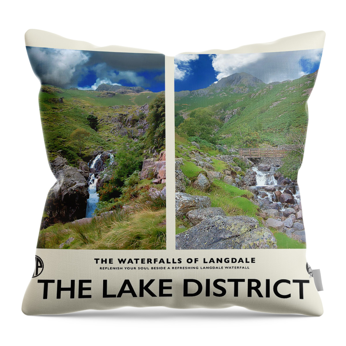 Langdale Throw Pillow featuring the photograph Langdale Waterfalls Cream Railway Poster by Brian Watt