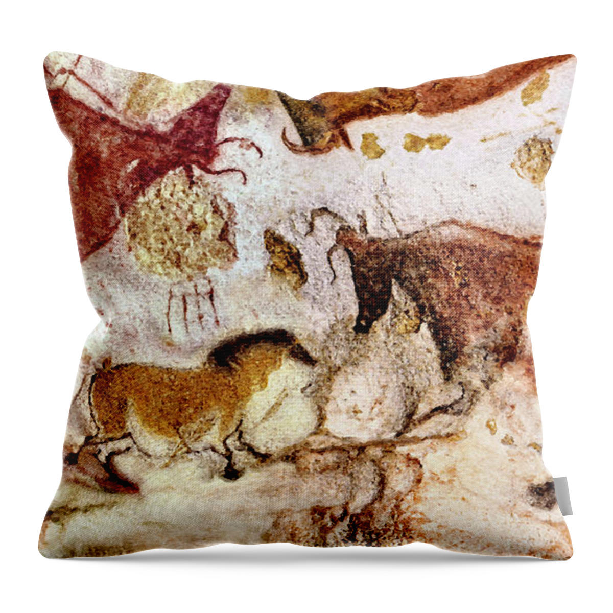 Lascaux Throw Pillow featuring the digital art Lascaux Cow and Horses by Weston Westmoreland