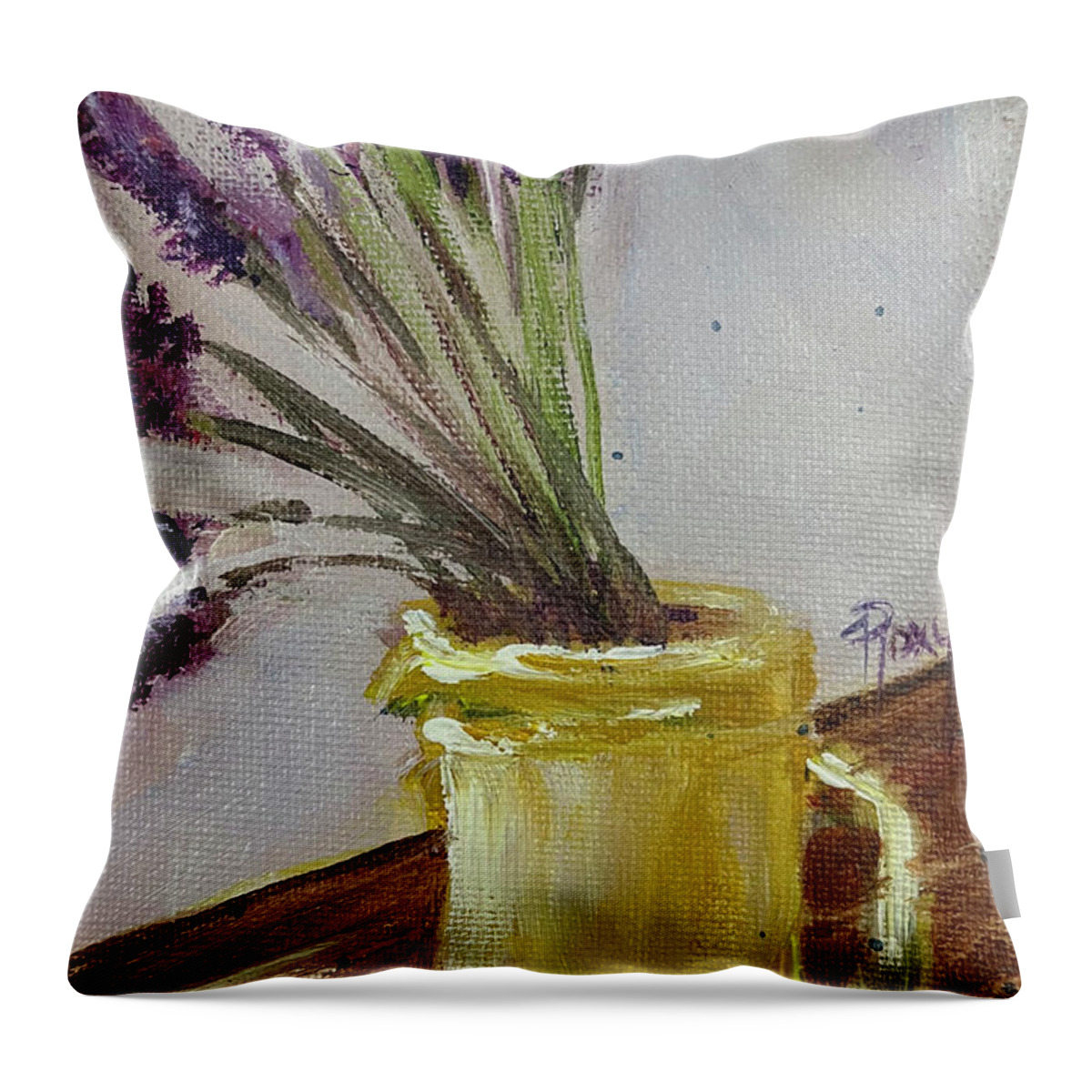 Lavender Throw Pillow featuring the painting Lavender in a Yellow Pitcher by Roxy Rich