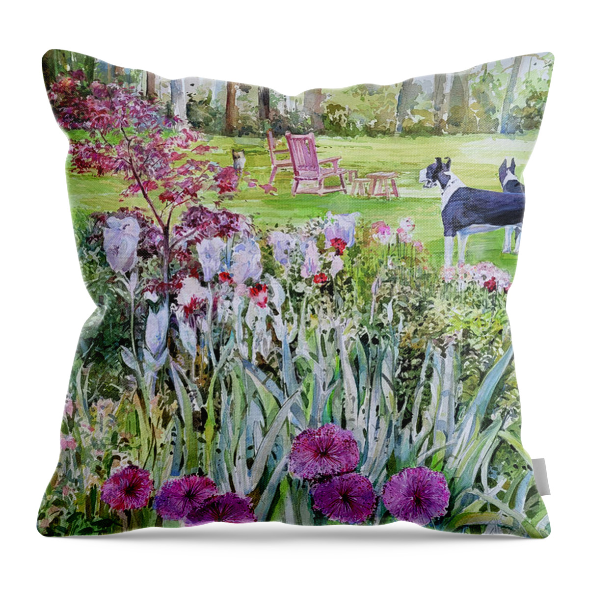 Flowers Throw Pillow featuring the painting Lee's Puppies by P Anthony Visco