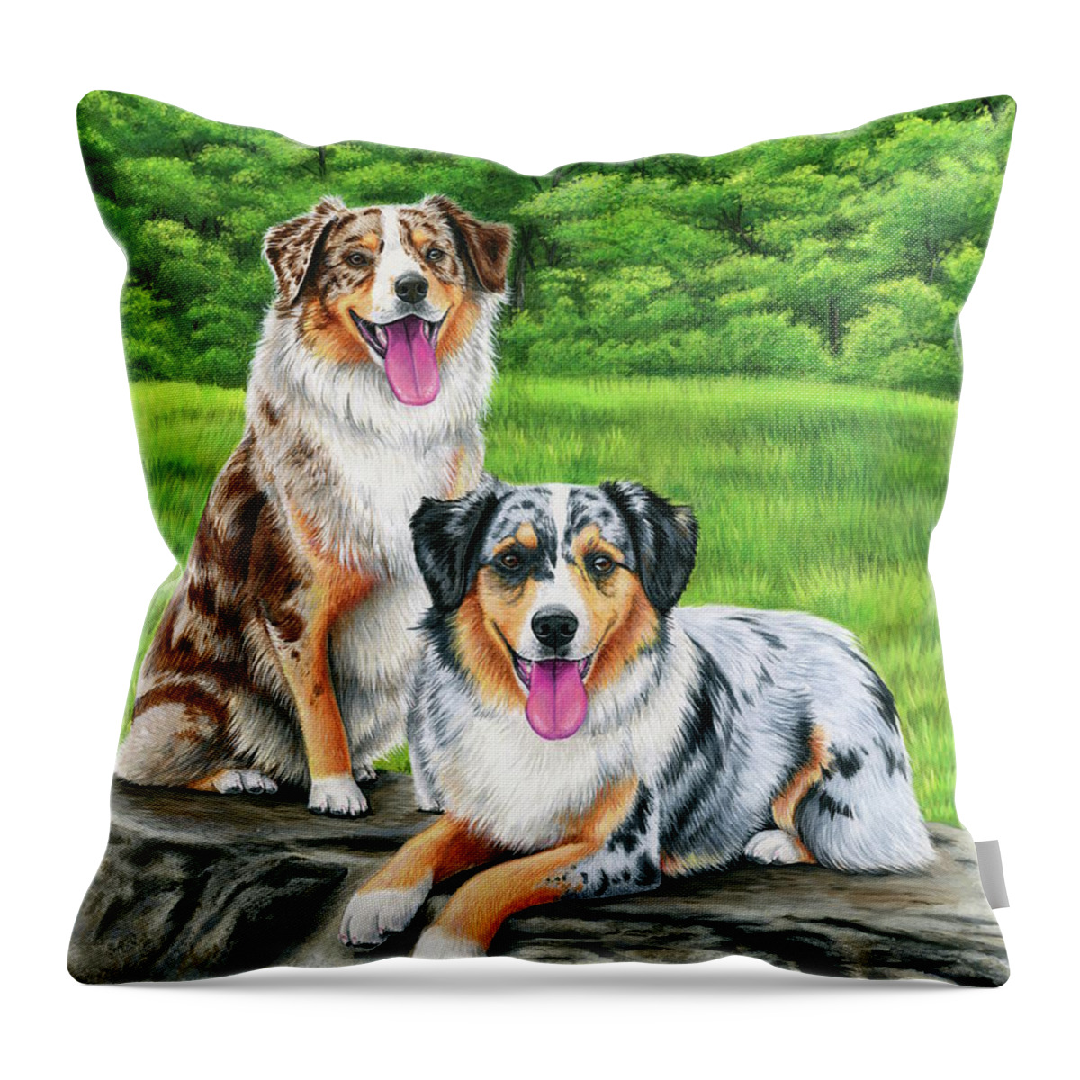 Australian Shepherd Throw Pillow featuring the painting Lego and Drew by Rebecca Wang