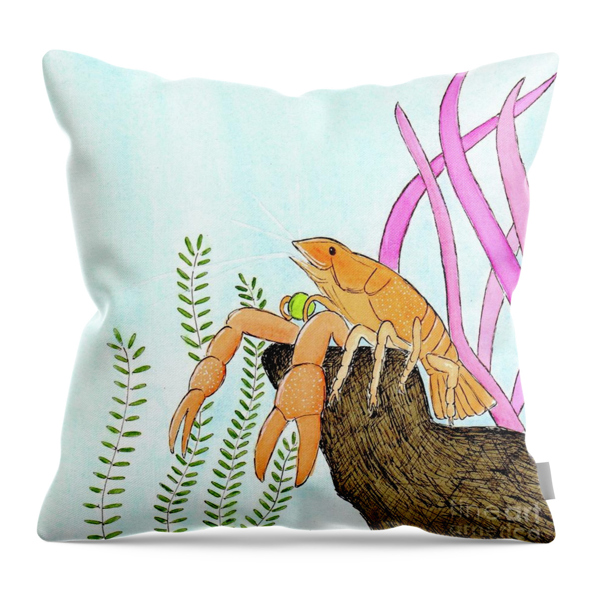 Aquarium Throw Pillow featuring the painting Leo the Aquarium Lobster Enjoys a Pea by Donna Mibus