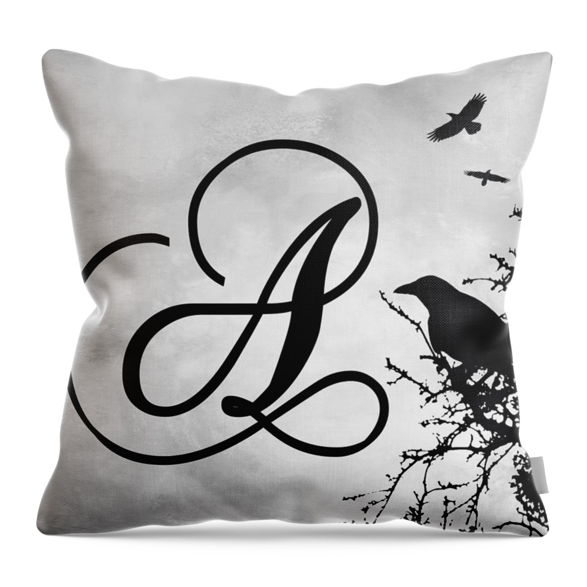 Letter A Throw Pillow featuring the mixed media Letter A Design 43 Crow Birds by Lucie Dumas