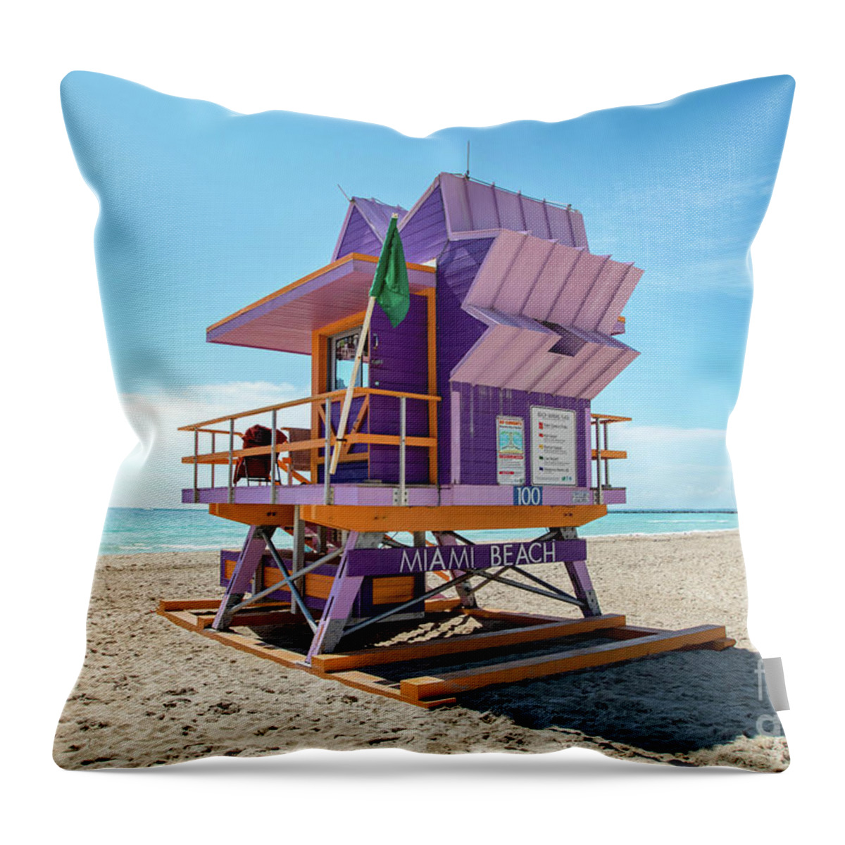 Atlantic Throw Pillow featuring the photograph Lifeguard Tower 100 South Beach Miami, Florida by Beachtown Views