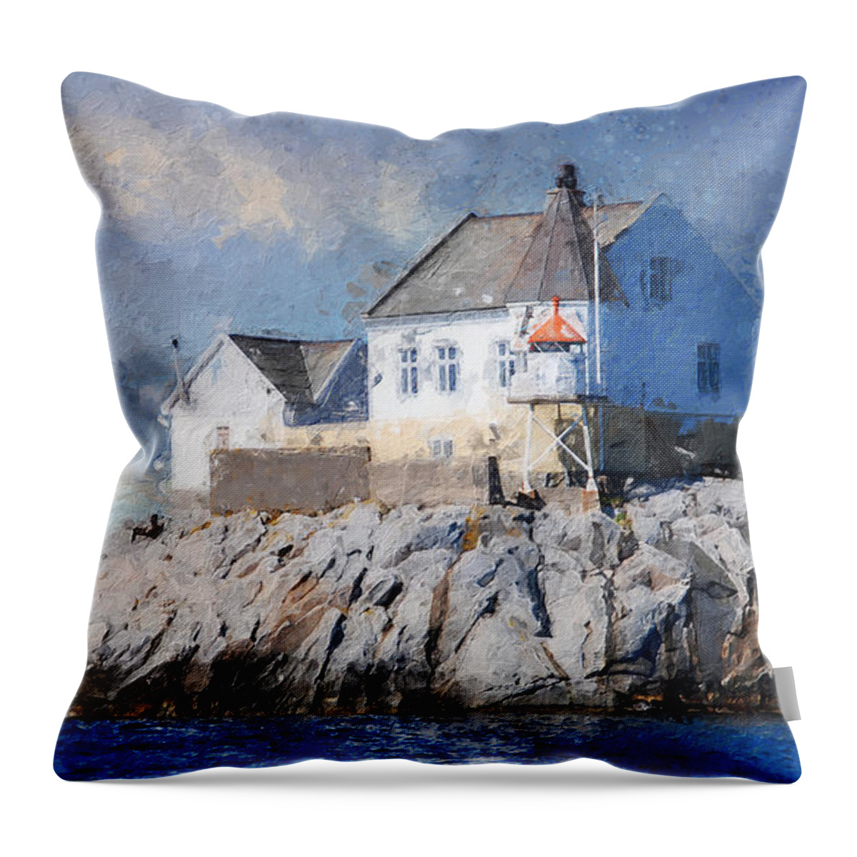 Lighthouse Throw Pillow featuring the digital art Saltholmen lighthouse by Geir Rosset