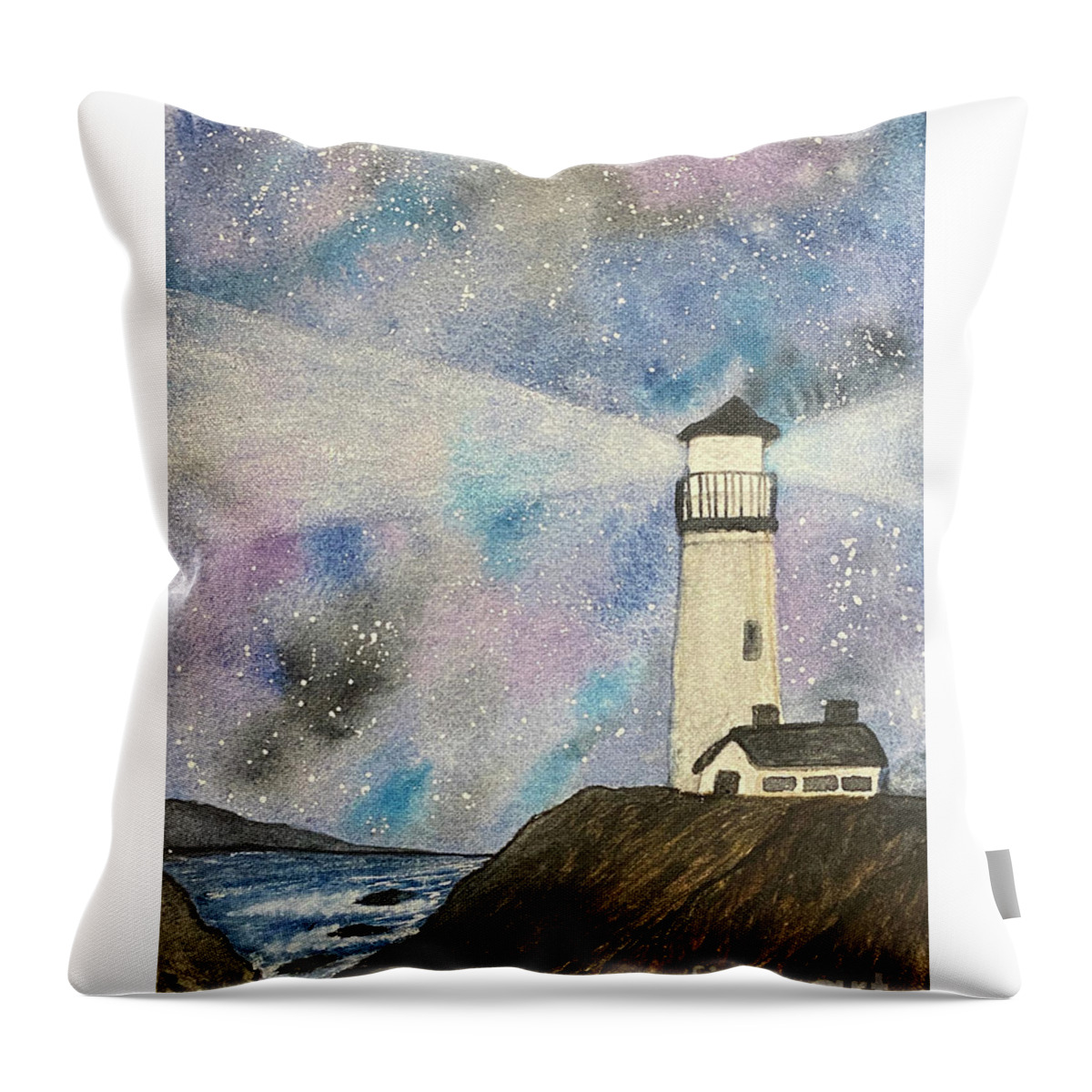 Lighthouse Throw Pillow featuring the painting Lighthouse at Night by Lisa Neuman
