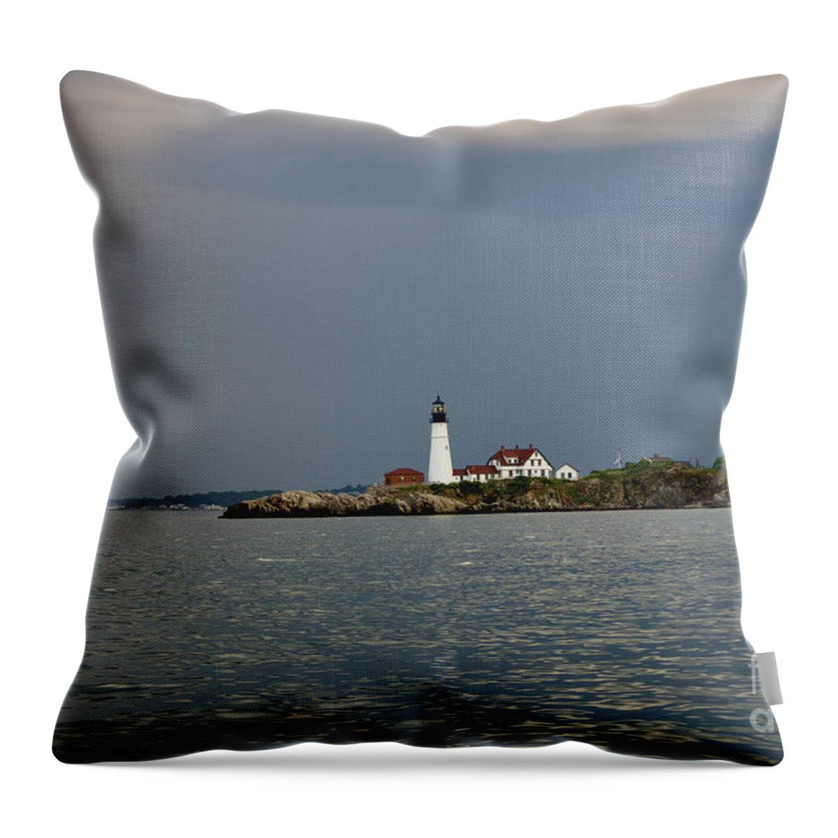 Portland Headlight Throw Pillow featuring the pyrography Lighthouse before the storm by Annamaria Frost