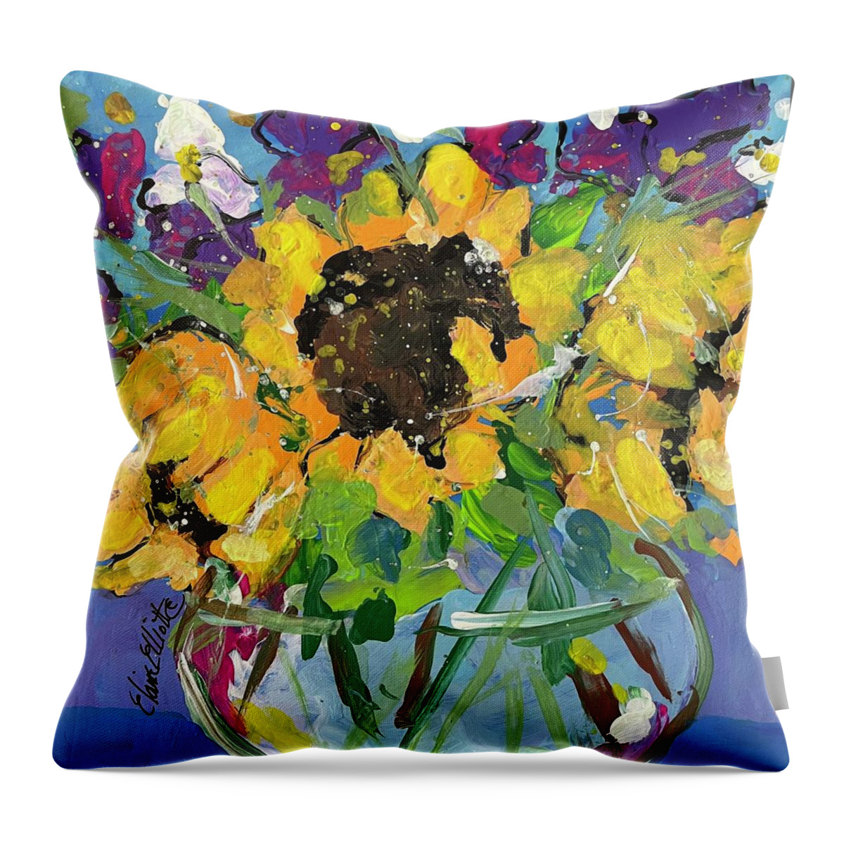 Sunflowers Throw Pillow featuring the painting Little bowl of Sunshine by Elaine Elliott