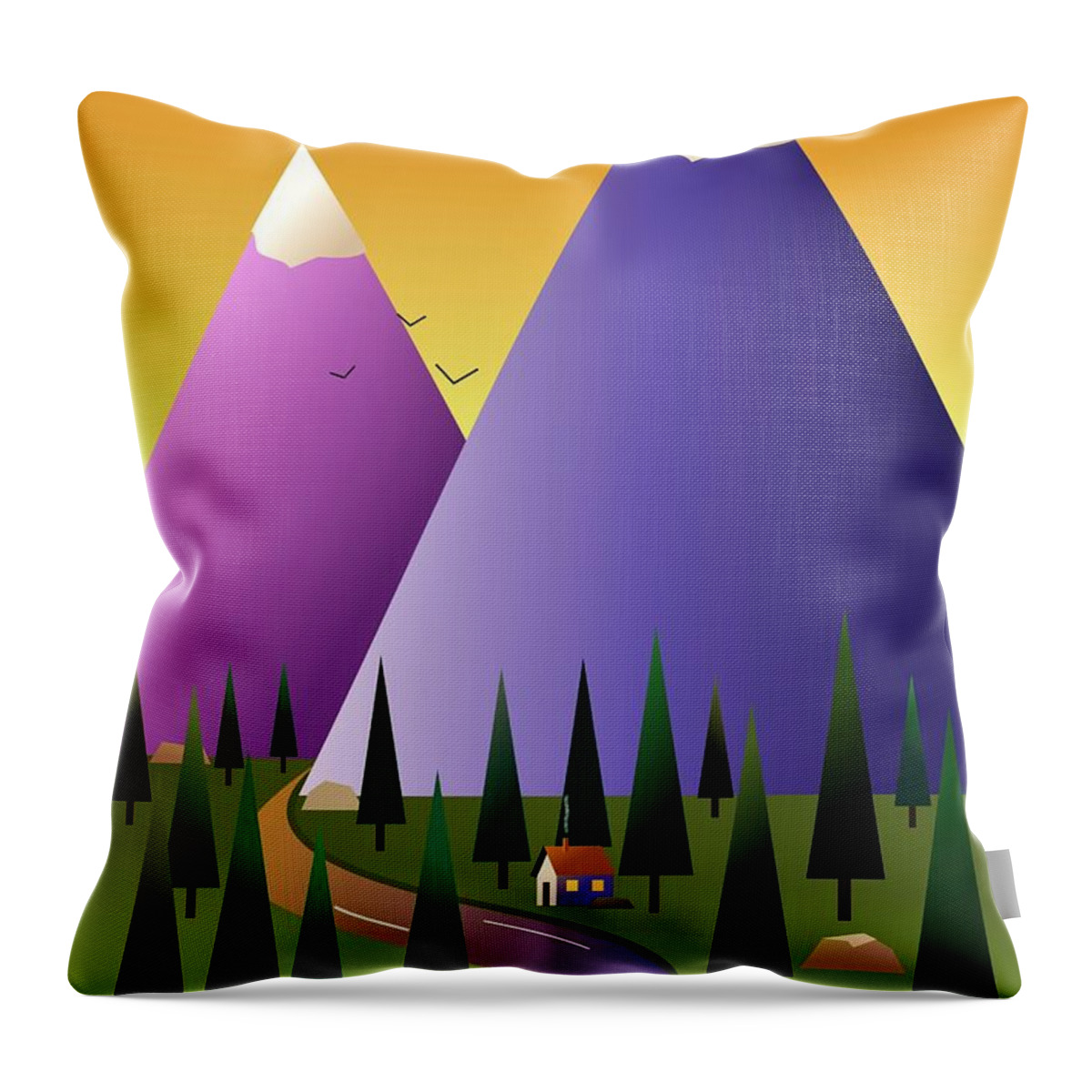 Mountains Throw Pillow featuring the digital art Little cottage 'neath the mountains by Fatline Graphic Art