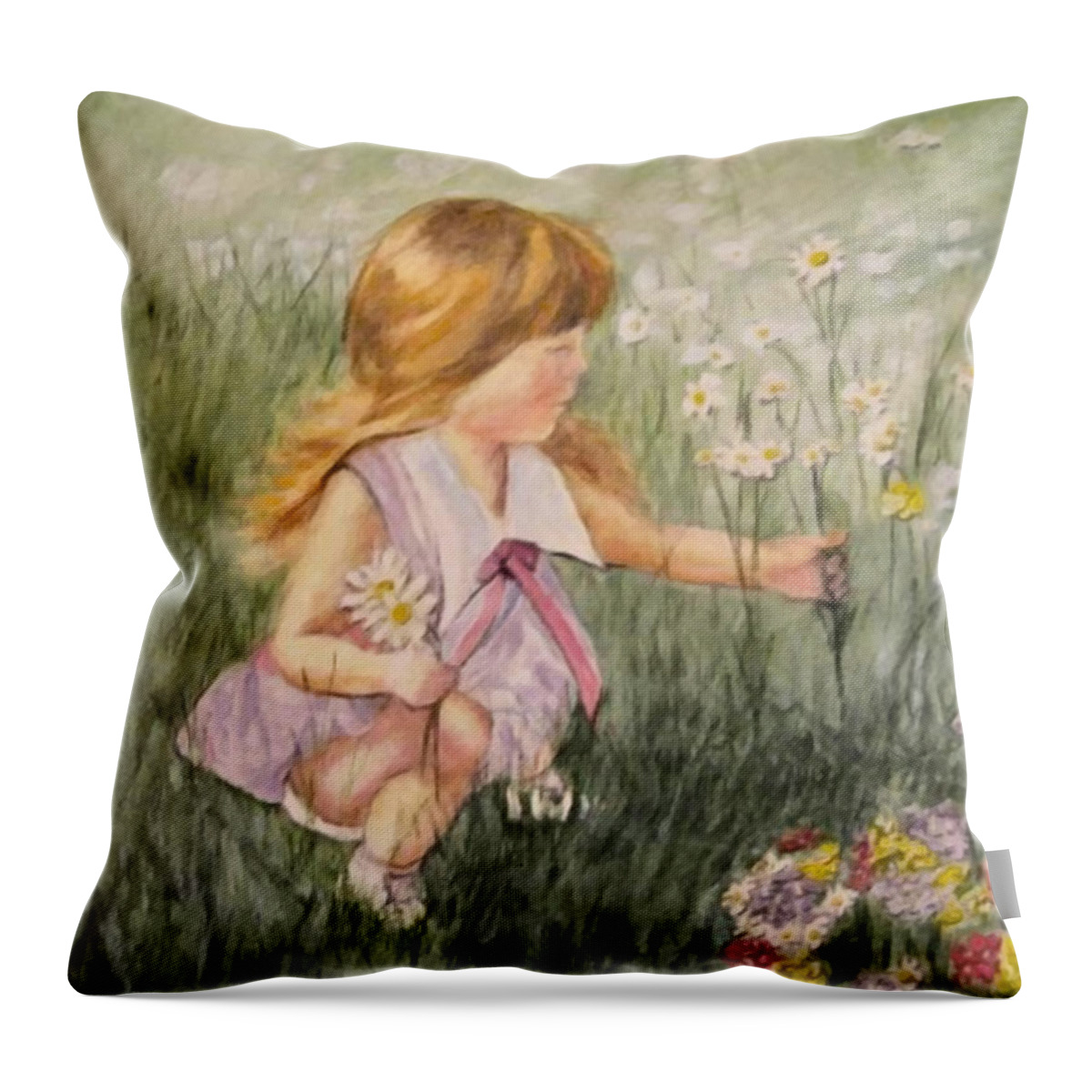 Little Girl Painting Throw Pillow featuring the mixed media Little Girl Picking Flowers by Kelly Mills