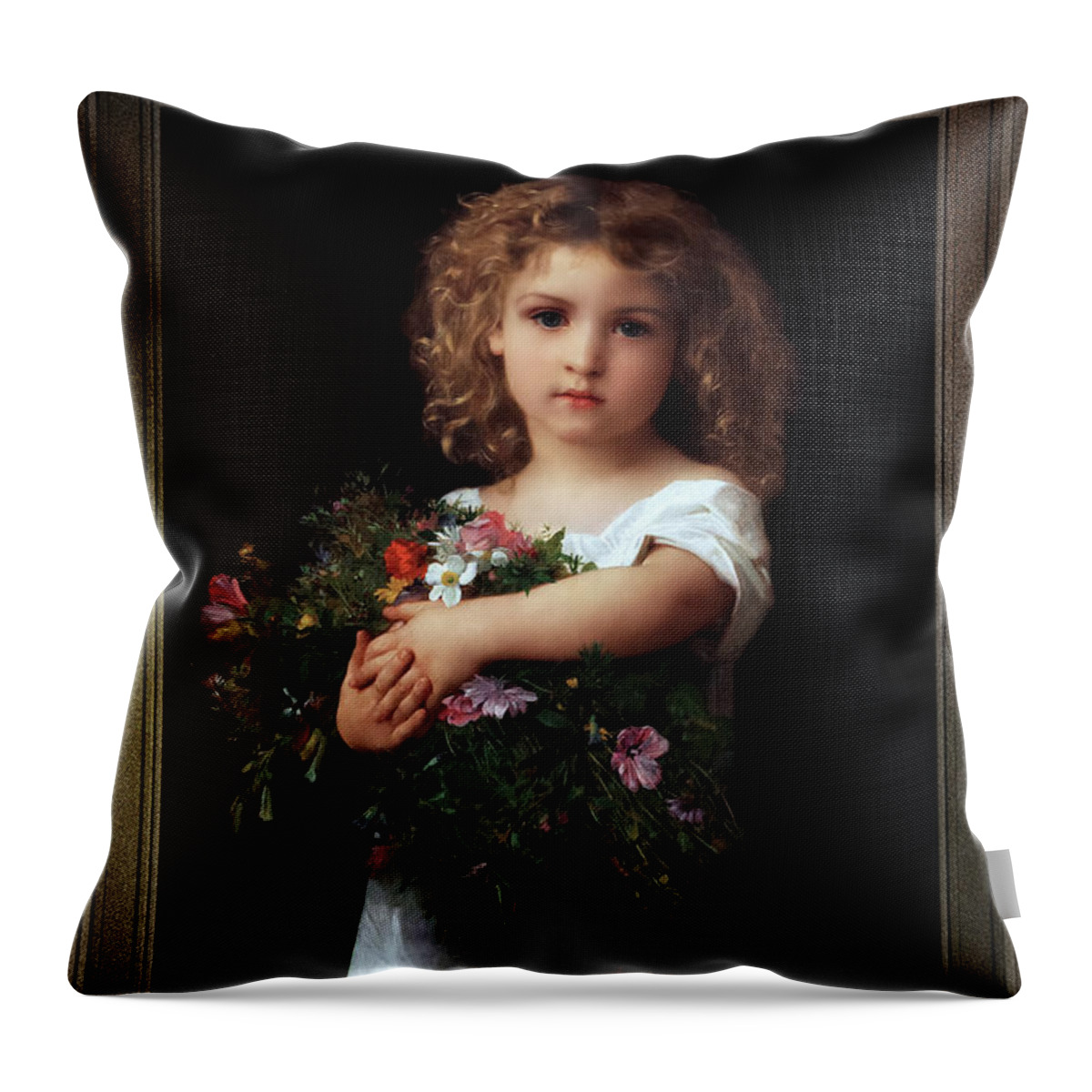 Little Girl With Flowers Throw Pillow featuring the painting Little Girl With Flowers by William-Adolphe Bouguereau by Rolando Burbon