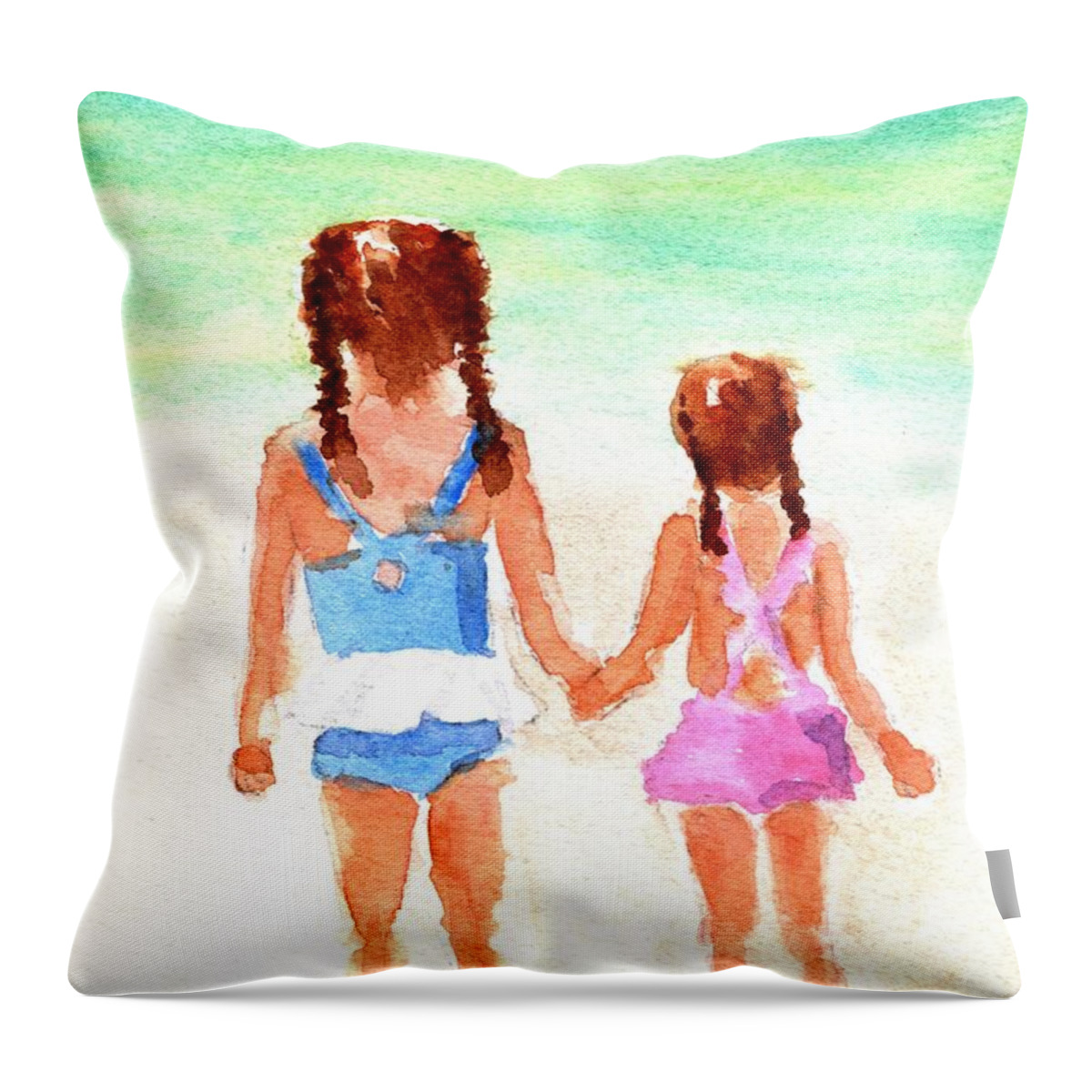 Little Sisters Throw Pillow featuring the painting Little Girls at the Beach by Carlin Blahnik CarlinArtWatercolor