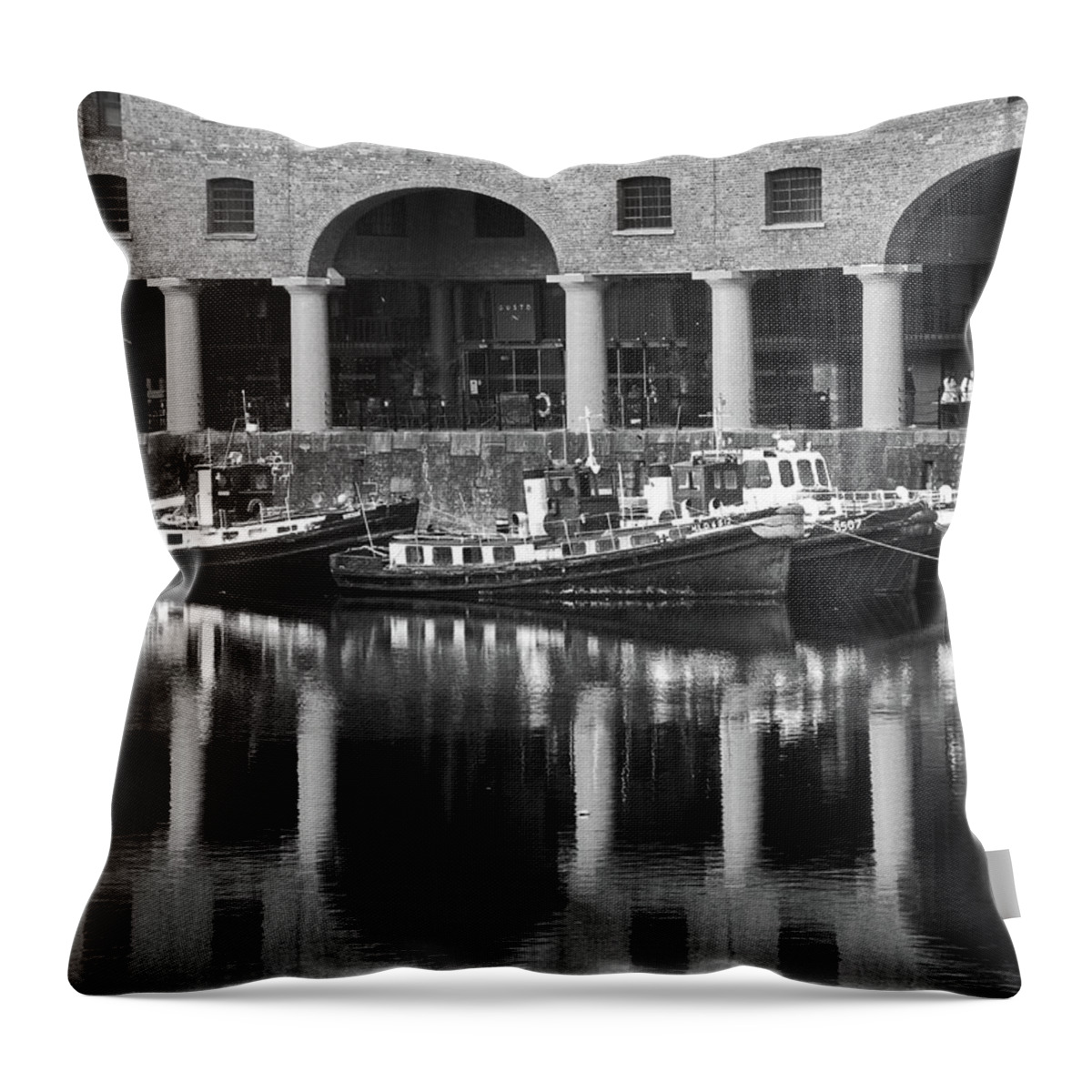 Liverpool Throw Pillow featuring the photograph LIVERPOOL. Albert Dock Moored Boats B. by Lachlan Main