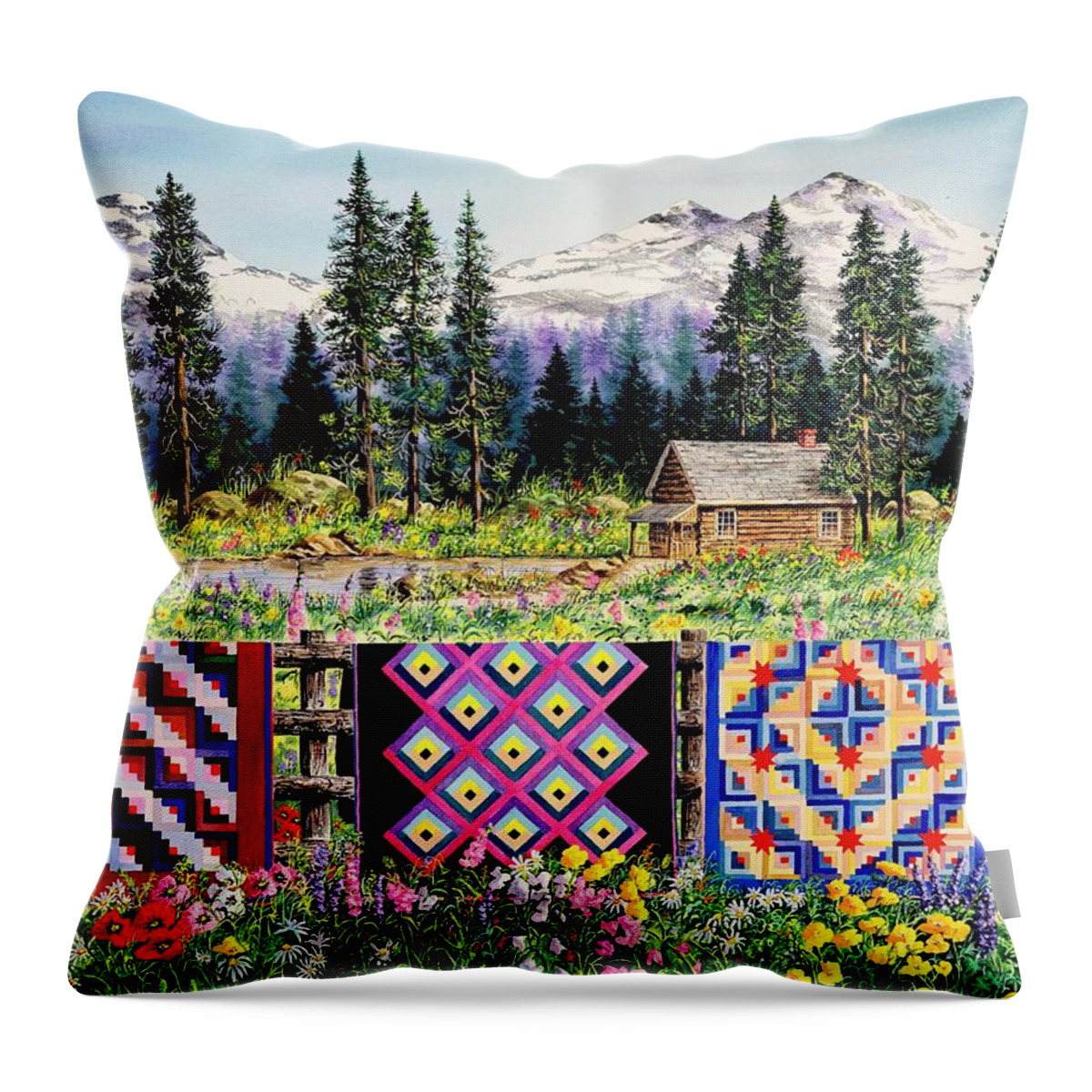 Mountains Throw Pillow featuring the painting Log Cabin Quilts by Diane Phalen