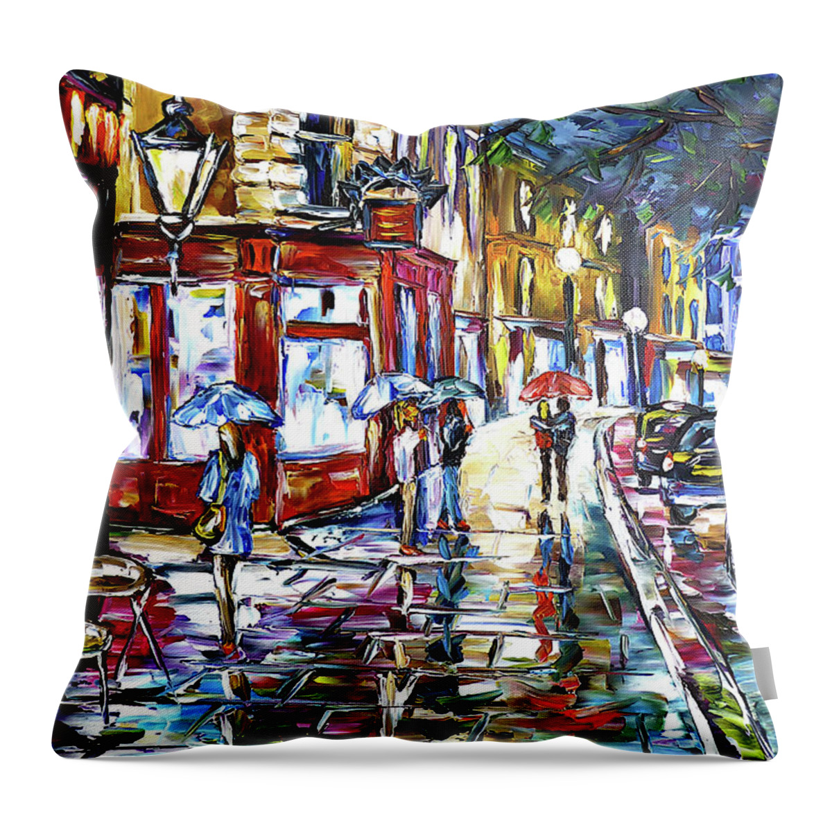 London At Night Throw Pillow featuring the painting London, Night Rain by Mirek Kuzniar