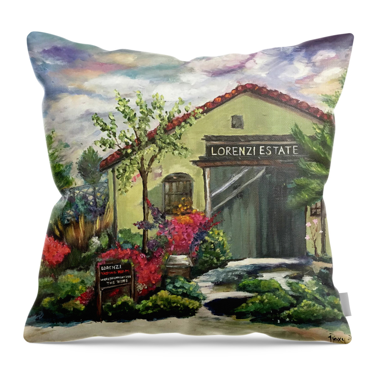 Lorenzi Throw Pillow featuring the painting Lorenzi Estate Winery by Roxy Rich
