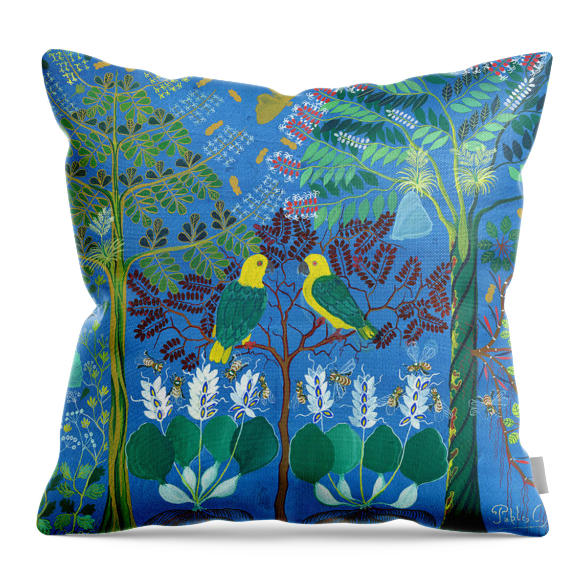  Throw Pillow featuring the painting Los Loros by Pablo Amaringo