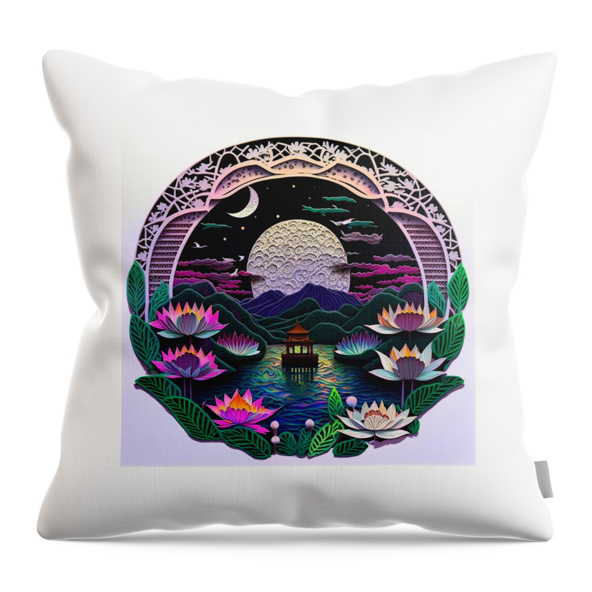 Paper Craft Throw Pillow featuring the mixed media Lotus Pier I by Jay Schankman