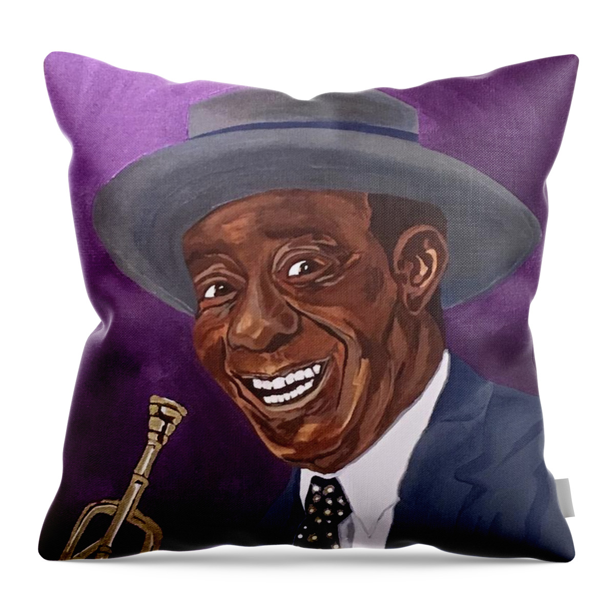 Louis Armstrong Throw Pillow featuring the painting Louis Sporting a New Hat by Bill Manson