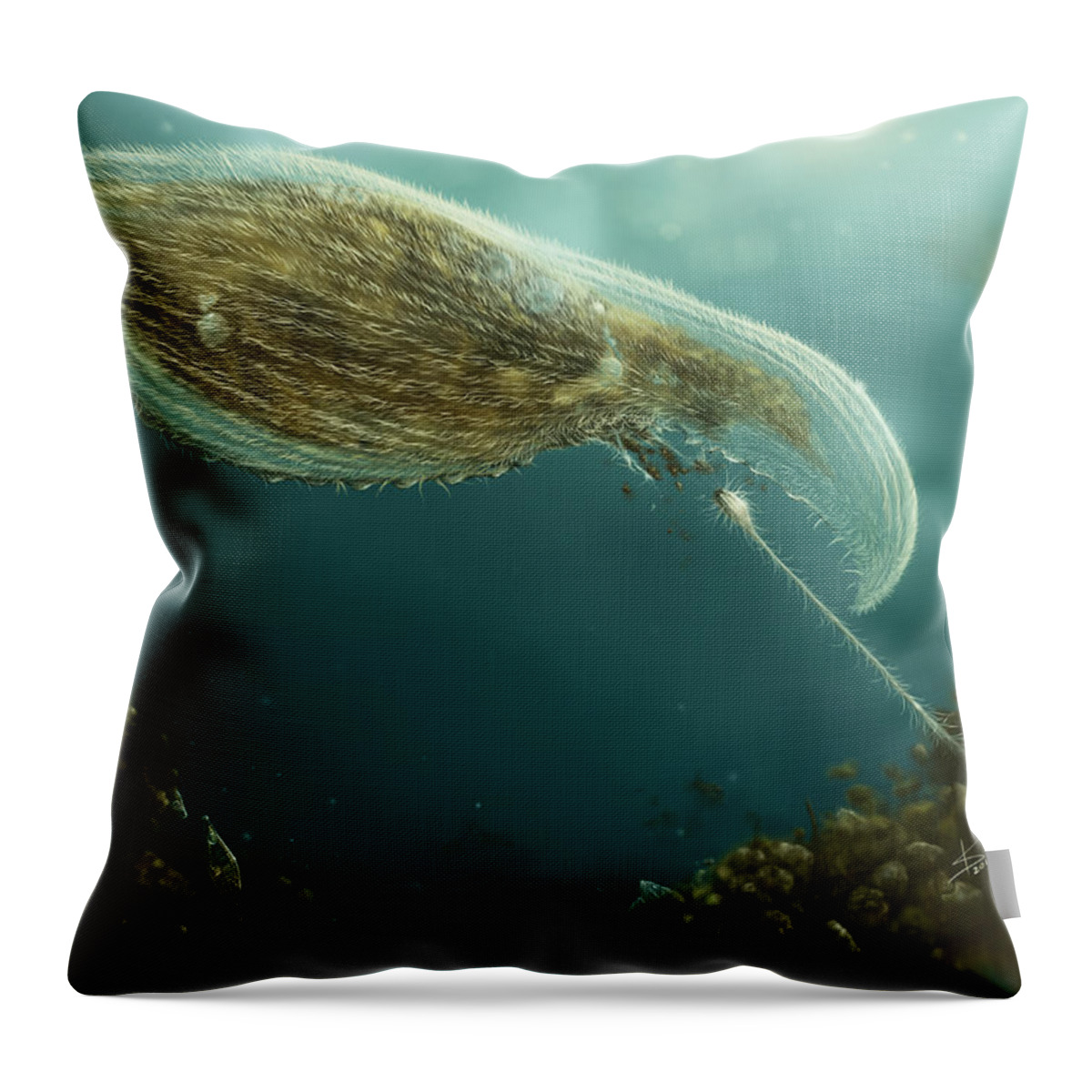 Protozoa Throw Pillow featuring the digital art Loxophyllum attacked by Lacrymaria by Kate Solbakk