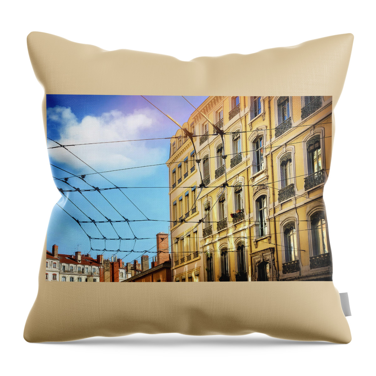 Lyon Throw Pillow featuring the photograph Lyon France Through a Web of Tram Lines by Carol Japp