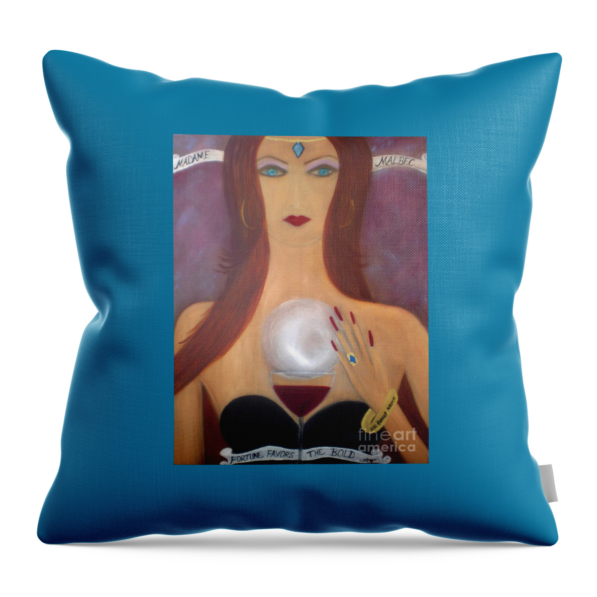 Malbec Throw Pillow featuring the painting Madame Malbec Fortune Favors the Bold by Artist Linda Marie