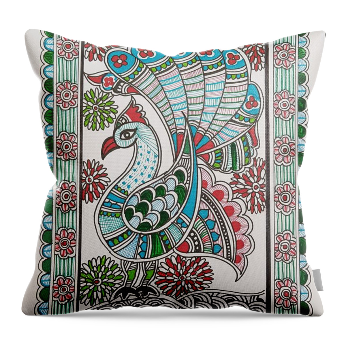 Madhubani Peacock Throw Pillow by Shilpa Sodal - Fine Art America