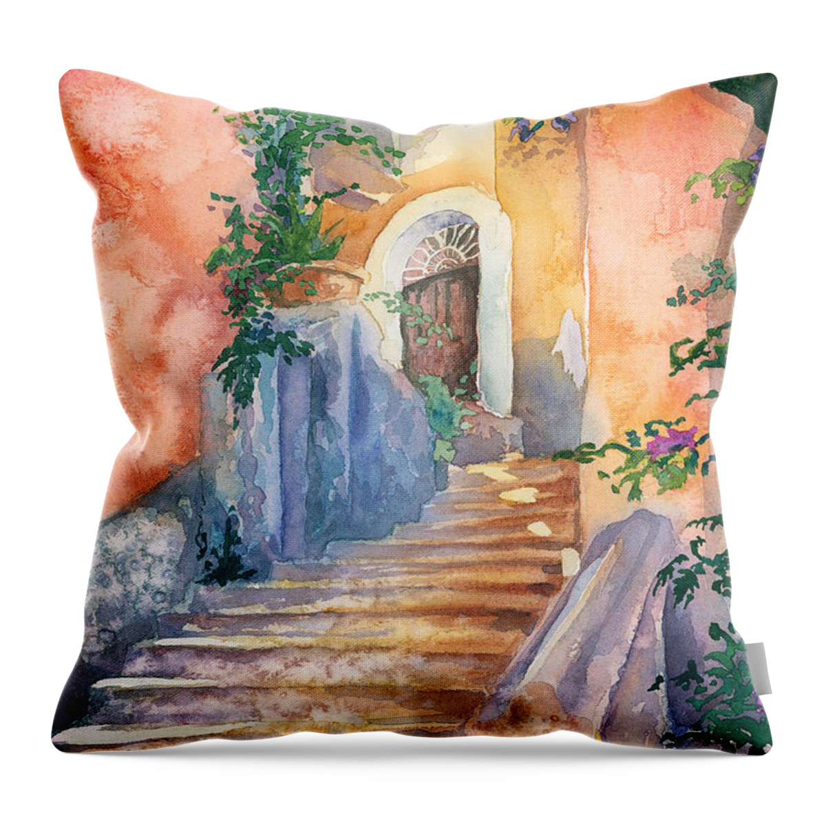 Watercolor Painting Throw Pillow featuring the painting Magical Stairs by Espero Art