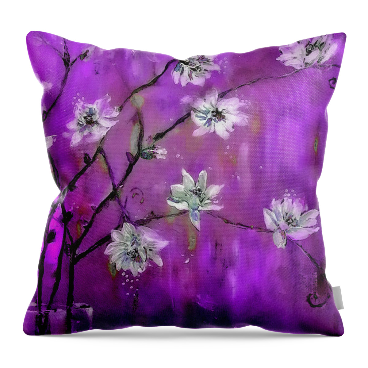 Magnolia Throw Pillow featuring the painting Magnolia Tree Branch Madness Painting by Lisa Kaiser